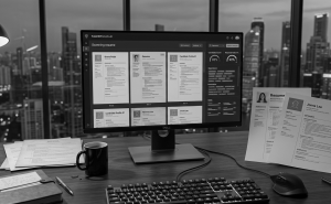 sistem ATS menilai resume calon di komputer dalam pejabat moden