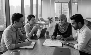 profesional berbincang tentang pencapaian dalam resume di pejabat moden