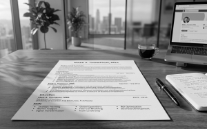 contoh struktur resume strategik dengan keyword diserlahkan di atas meja kerja