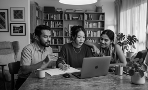 rakan-rakan membantu menyemak resume di rumah dalam suasana santai